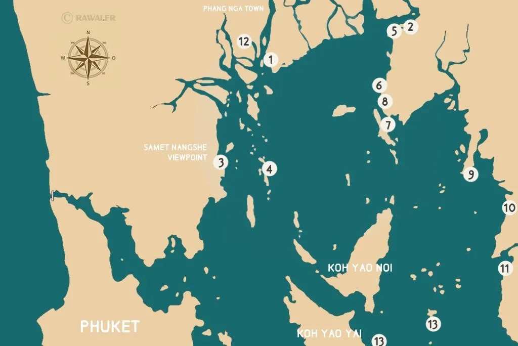 carte des sites parietaux en baie de phang nga