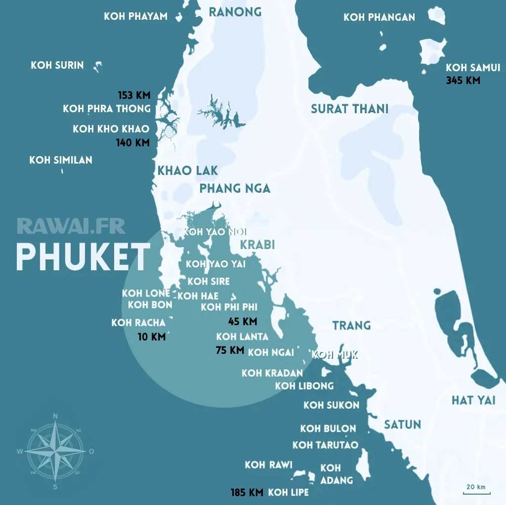 DISTANCES ENTRE PHUKET ET QUELQUES SITES AUX ENVIRONS